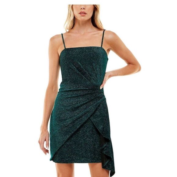 Trixxi Juniors Womens Metallic Gathered Mini Dress  Hunter Green Above Knee Sz L - Picture 1 of 16